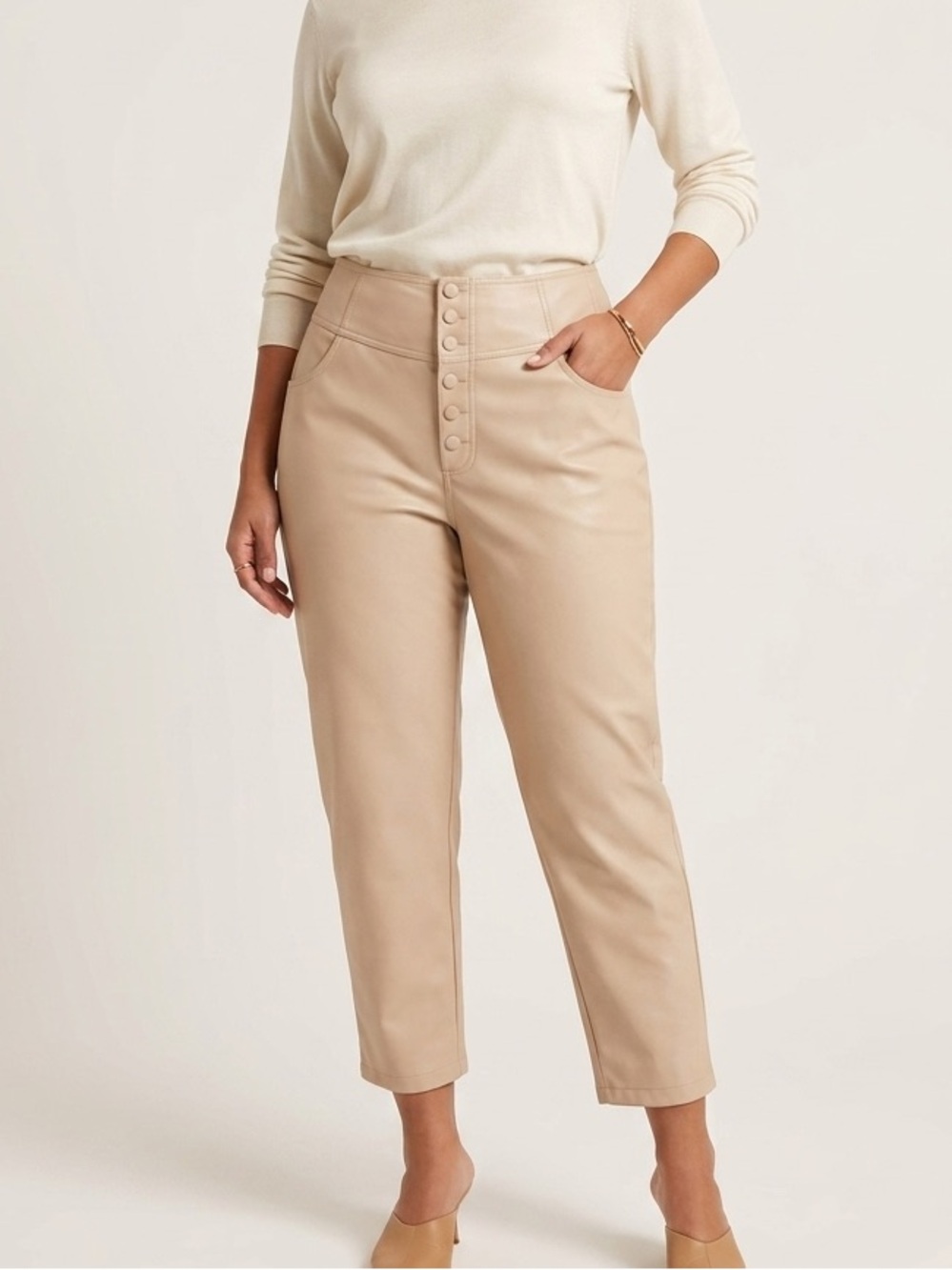 Bar III High-Waist Button-Front Faux Leather Pants in Cream